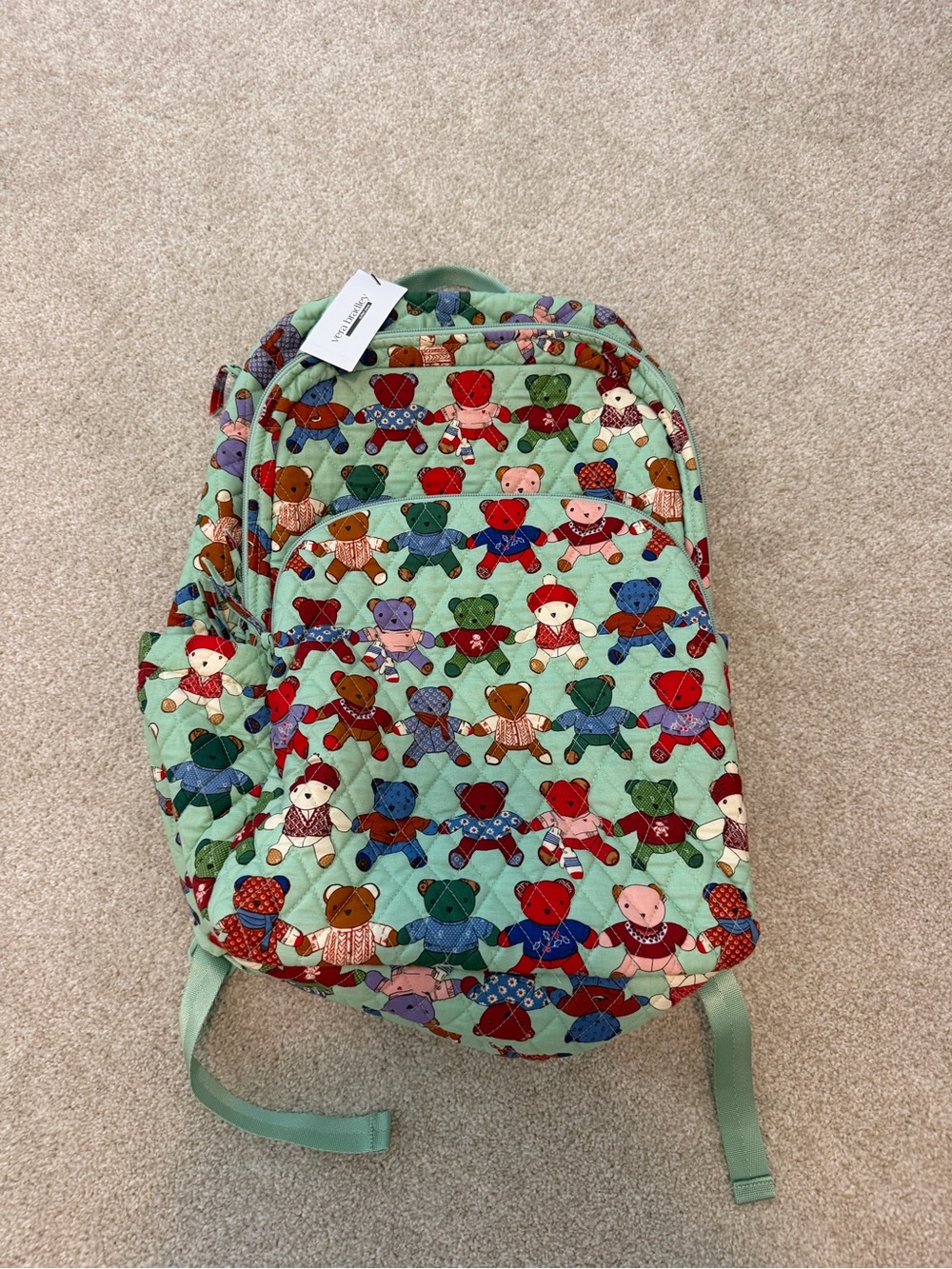 NWT • Vera Bradley Mint Quilted Large Backpack with Colorful Teddy Print